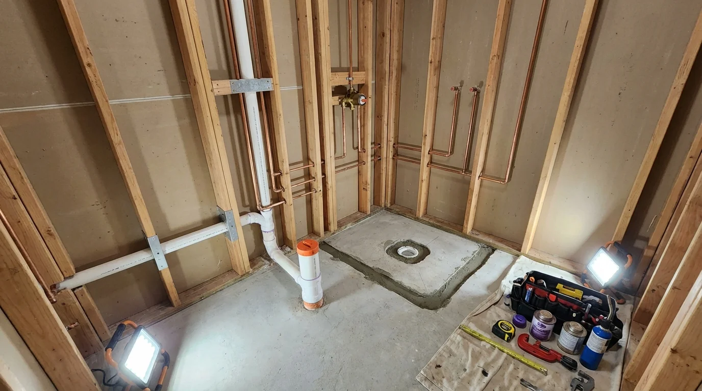 Bathroom rough-in plumbing during remodel by Johns Plumbing LLC in Salamanca