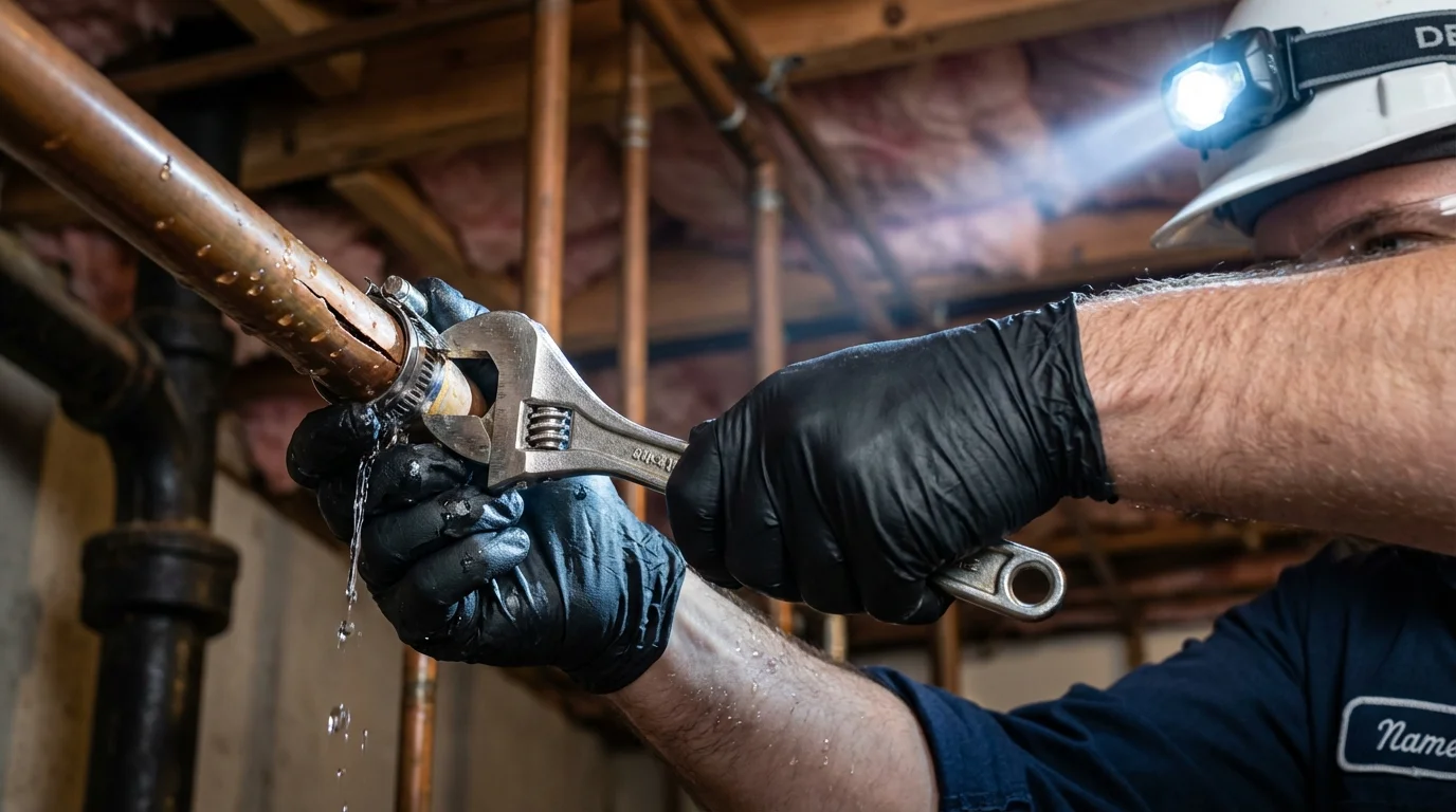 Emergency pipe clamp repair being performed by a Johns Plumbing LLC plumber in Salamanca