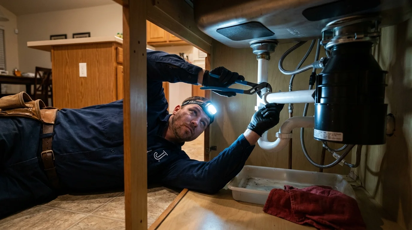 P-trap and supply line connections under a kitchen sink showing a common leak point in Salamanca, NY